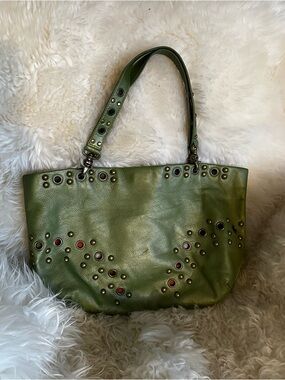 HOBO Olive Green Leather Tote with Grommet Accents